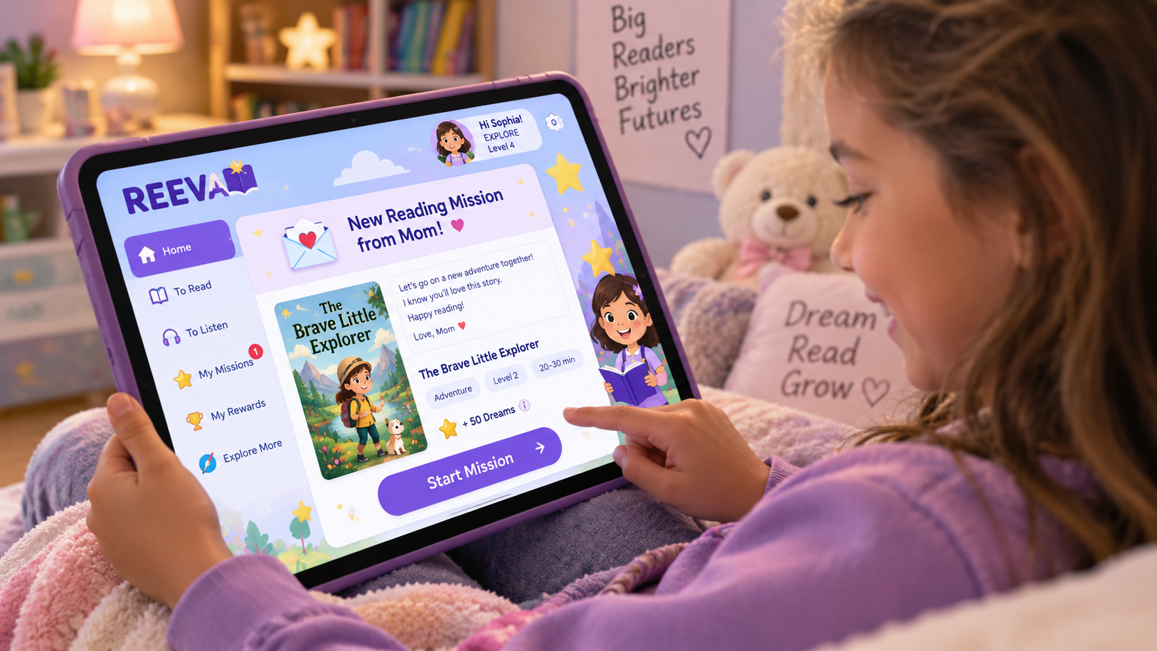 Una niña recibe una nueva misión de lectura de su mamá en la experiencia REEVA EXPLORE de su tablet