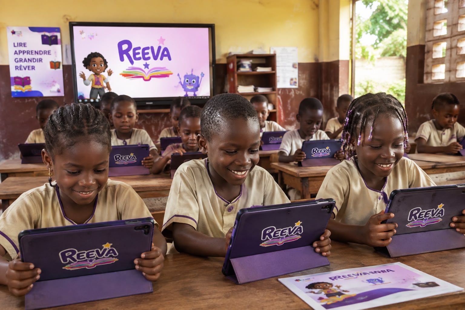 Children in a community school classroom smiling while reading on REEVA tablets