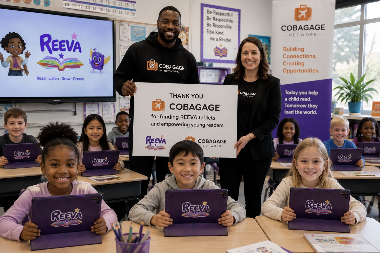 Two partner representatives standing with children in a classroom holding a thank-you sign for sponsored REEVA tablets
