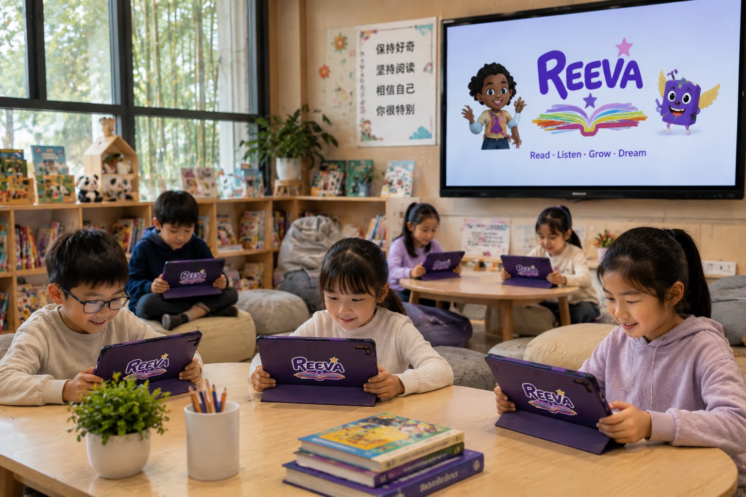 Children reading on REEVA tablets in a modern school reading space