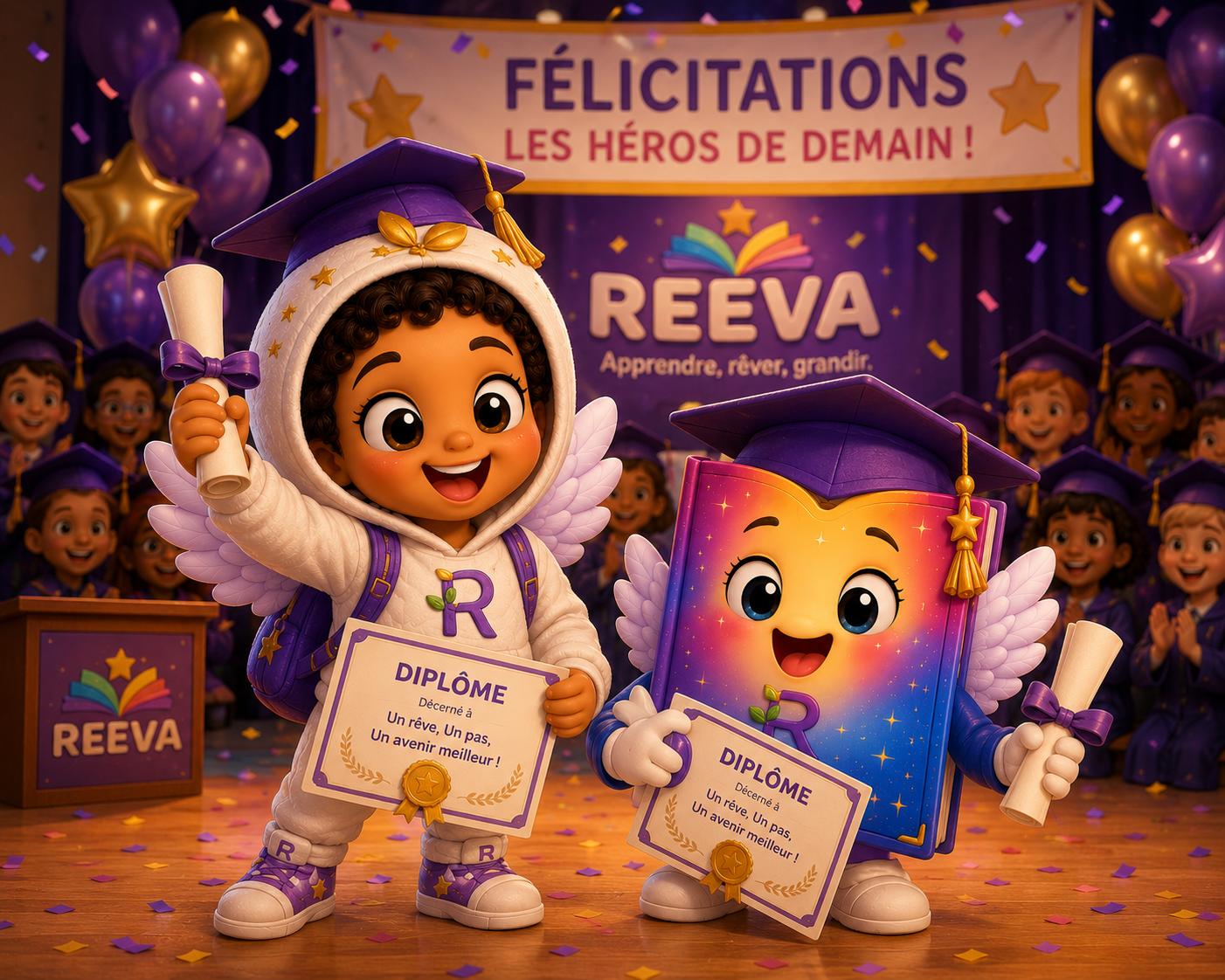 REEVA mascots in graduation caps holding diplomas under a congratulations banner