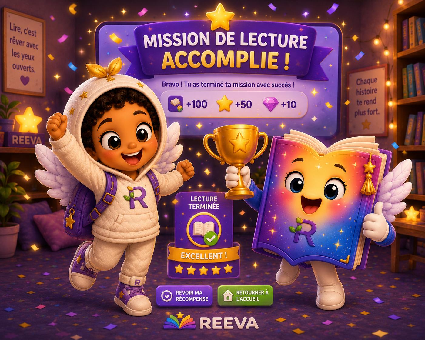 REEVA mascots celebrating a completed reading mission with a golden trophy