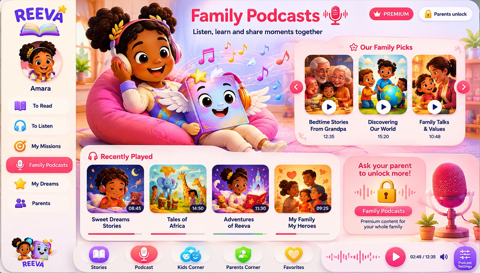The REEVA Family Podcasts screen with story covers and playback controls